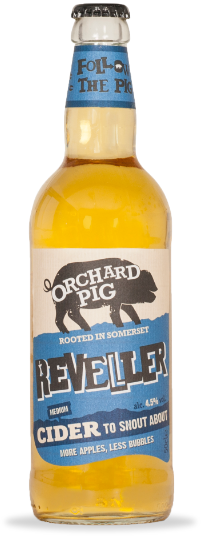 A bottle of Orchard Pig's Reveller cider